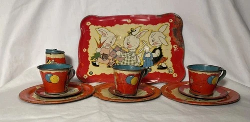 Vintage Ohio Art Children's Tin Tea Set Bunnies Birthday