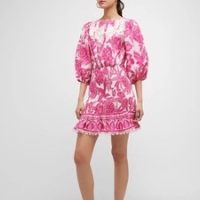 NWT FARM Rio Tropical Woodcut Cotton Mini Dress in Pink Floral | Size Large