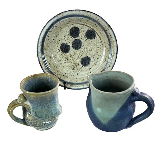 1970s Signed Studio Art Pottery Mug Picher and Bowl 3 Pcs Set One of A Kind