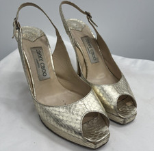 Jimmy Choo Women's Open Peep Toe Metallic Gold Embossed Slingback Heels Sz 37.5