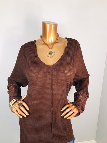Venus 3X Plus Top Stretch Brown Low V Cut Sweater Pullover Embroidered Long Slvs - Picture 2 of 9