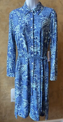 Lularoe Ellie Long Sleeve Button Down Tie Belt XS Shirt Dress NWT Blue Paisley
