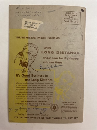 1958 Starkville , MS Southern Bell Telephone Directory - Picture 6 of 7