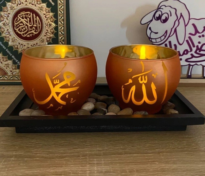 Muslim Ramadan Decor Two Big Bowl With 2 Led Candle Tray Small Rocks New
