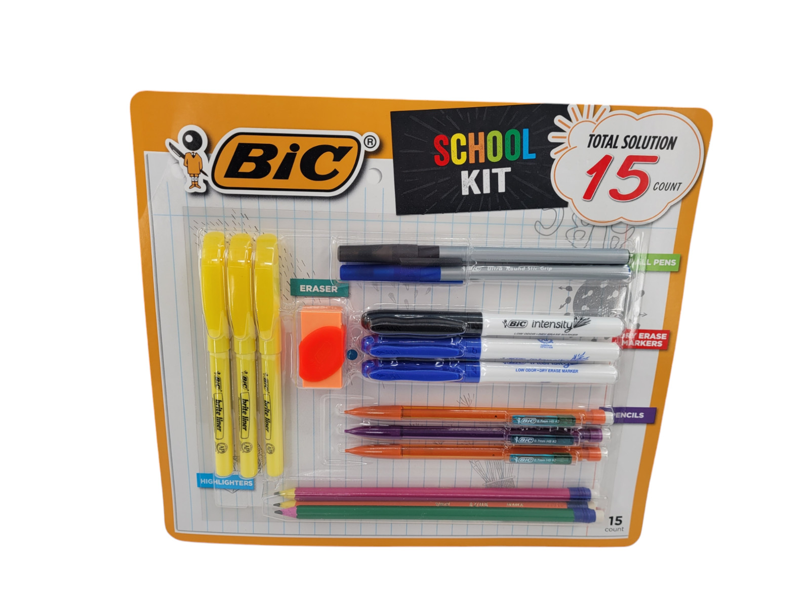 Bic School Kit 15pc: Ball Pens, Dry Erase Markers, Pencils, Highlighters, Eraser