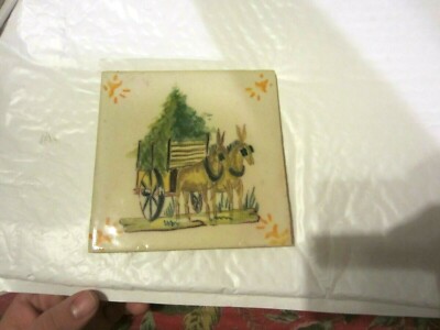 Vintage Fabrica Santana Lisboa Portugal Tile Burros Pulling Cart Sant Anna NR