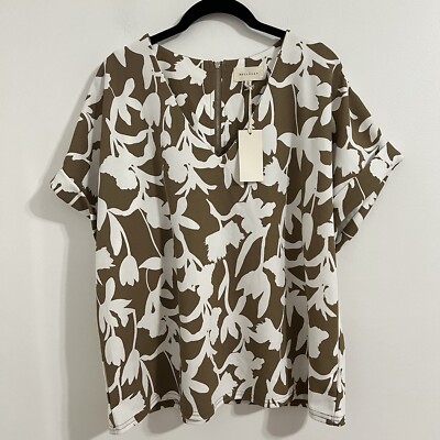 Melloday Floral Blouse Size XL Tan White Boxy Top Cottage Core Modest Business