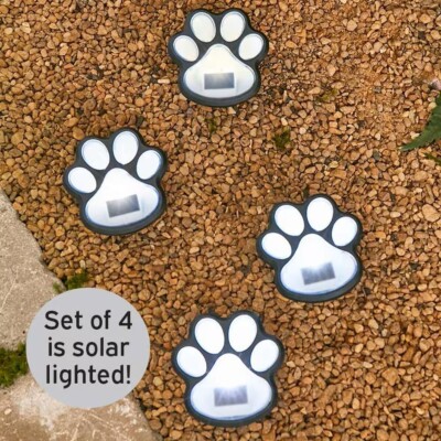 Wireless Set of 4 Solar LED Dog Paw Print Lights Garden Stake Pathway Lawn Decor