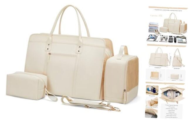 Travel Duffle Bag for Women, Weekender Overnight Bag Airplane Personal Beige