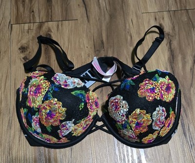 Pink Victoria's Secret Date Push Up Bra Floral Lace UW Womens 36D Black
