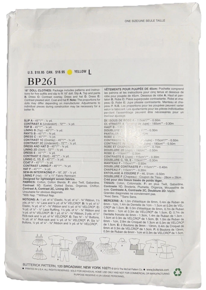 Butterick ~ PATRÓN #261 - ROPA MUÑECA RETRO '56 - Vestido, Abrigo, Enagua sin cortar Foto 2 de 3