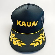 Vtg Kauai Mens Black Hawaiian Headwear Gold Leaf Rope Snapback Mesh Trucker Hat