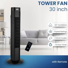 ANSIO 30” Tower Fan w/ Remote Bladeless Oscillating 3 Speed 7.5h Timer Black