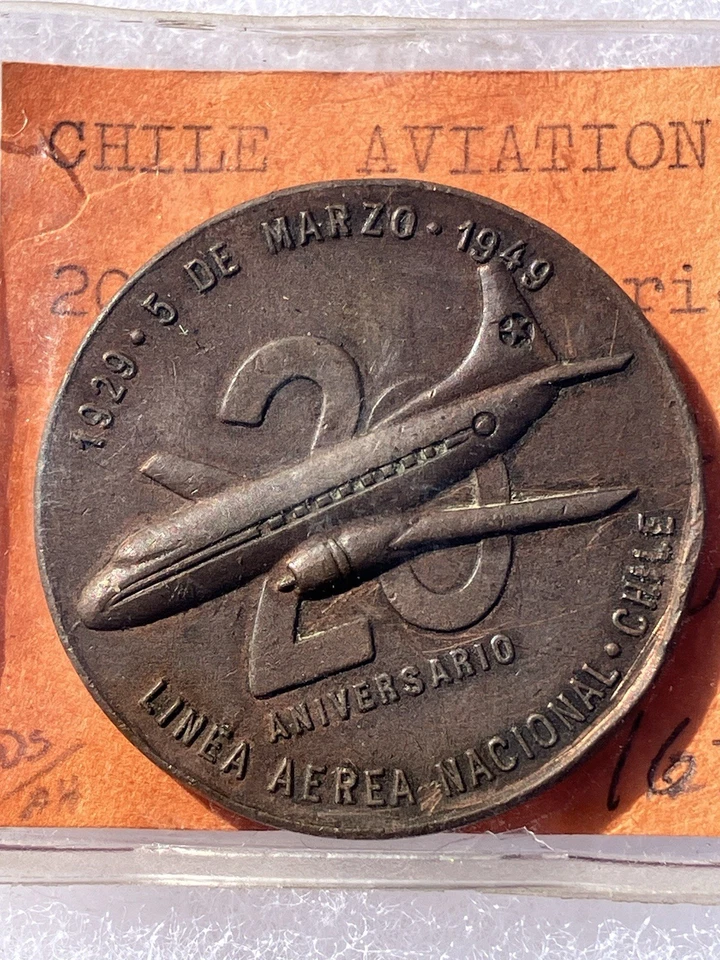 Moneda Desafío Aerolínea Nacional Chile 1949 20 Aniversario Mediados de Siglo Foto 2 de 4