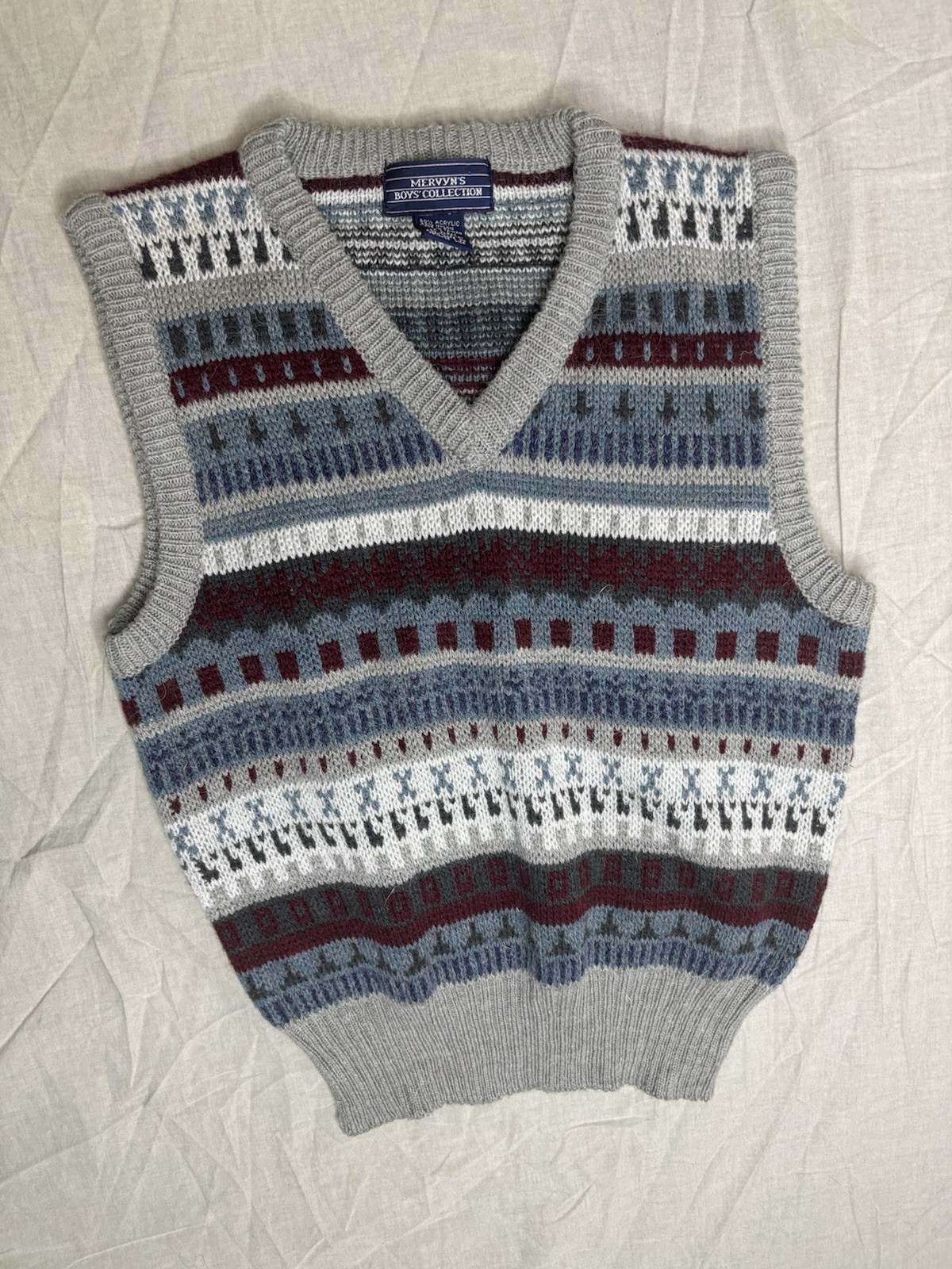 Mervyn’s Brand  Boys Collection Vintage Sweater Vest Size M Grey Blue Maroon