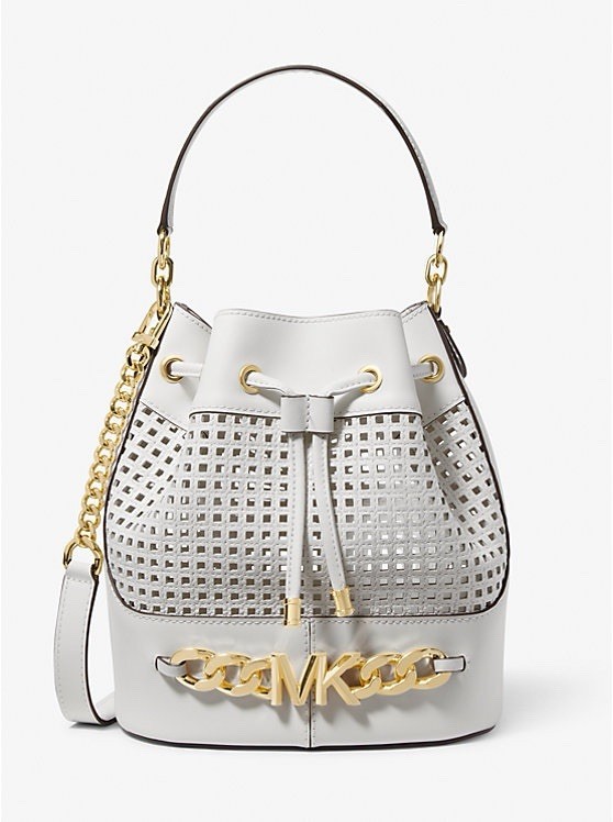 MICHAEL MICHAEL KORS Devon Medium Perforated Leather Bucket Bag Optic White NWT