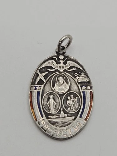Vintage WWII Sterling Enamel Protect Us Military Medallion Pendant Land Air