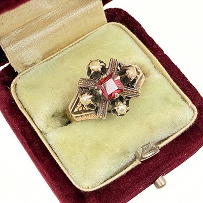 Stunning 10K-12K Gold Cruciform Garnet Tourmaline Iolite Ring Sz 7
