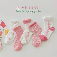 5 Pairs Kids Pink Socks Set Summer Floral Design Comfortable Half Socks Sweet Pr
