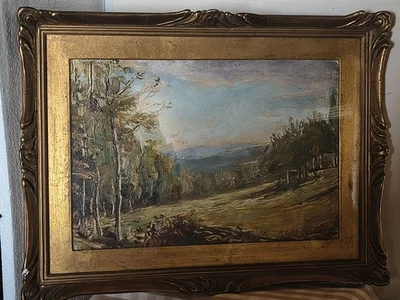 Ancienne huile sur panneau – Paysage vallonné et sous-bois – Cadre doré vintage - Photo 1/4