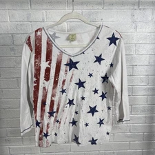 Jess & Jane Patriotic American Flag Star Print Top Womens M 3/4 Sleeve USA