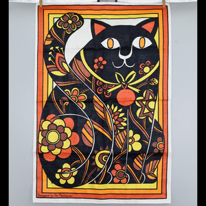 Vintage 1960s Jan Pienkowski Black Cat Linen Tea Towel Poland Mid Century Art