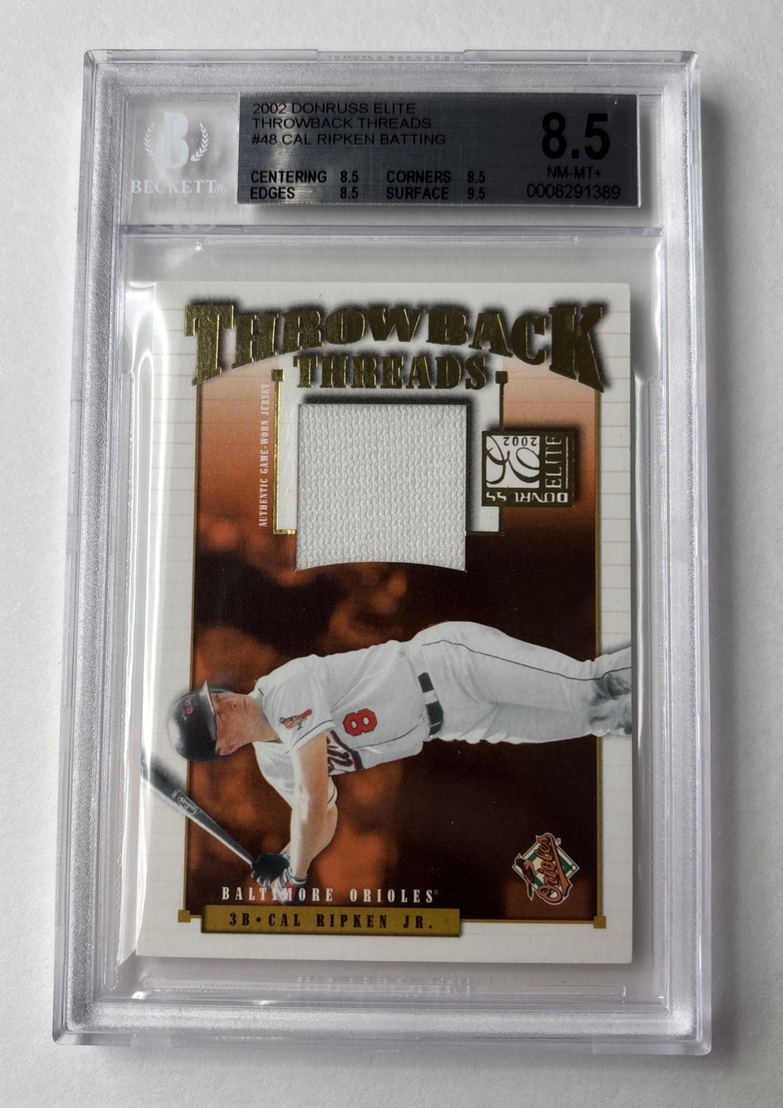2002 Donruss Elite Cal Ripken Throwback Threads Game-Used Jersey #/100 BGS 8.5