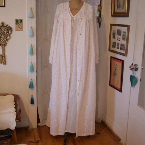 vtg KATZ White Floral Long Nightgown Robe Set LACE Cottagecore Victorian L EUC - Picture 6 of 16