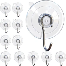 Suction Cup Hooks, 12 Pcs Medium (1.77 Inch) Clear Stainless Steel Hooks, 12 LB