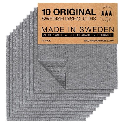SUPERSCANDI 10 Pack Swedish Dishcloths for Kitchen - 100% 10 Pack, Grey 