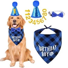 Dog Birthday Party Supplies, Dog Birthday Bandana Hat Numbers Bow Set for Blue