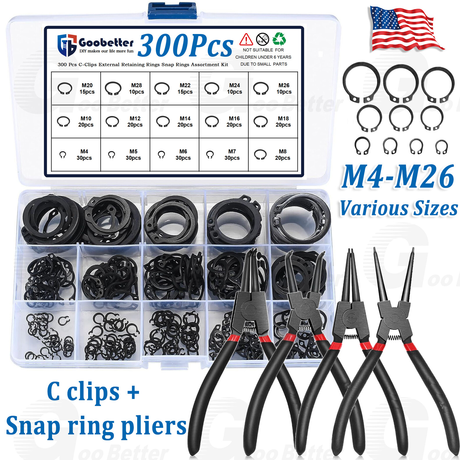 300Pc External Snap Ring Pliers Assortment Kit Circlip C-Clip Retaining Ring Set