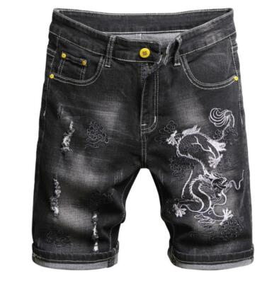 Men's Punk Boys Embroidery Black Straight Summer Denim Jeans
