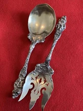 Sterling Silver Reed Barton Les Six Fleurs 2 Piece Solid Gold Wash Salad Set