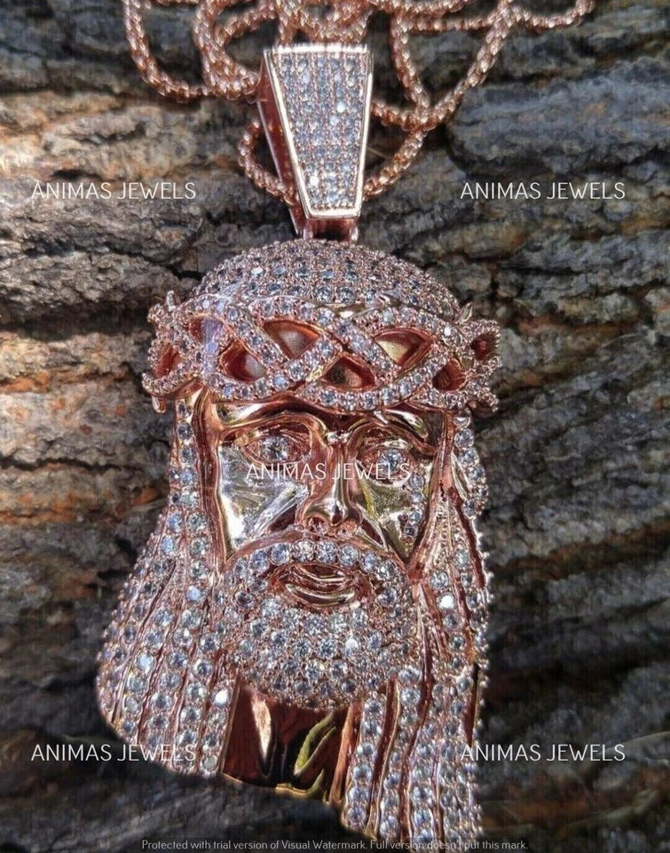 Colgante Cara de Jesús Para Hombre 3 CT Corte Redondo Creado en Laboratorio Diamante Chapado en Oro Rosa 14K Foto 2 de 3