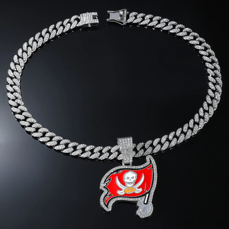 Silver Iced Out Buccaneers Tampa Bay Pirate Flag Pendant on Cuban Link