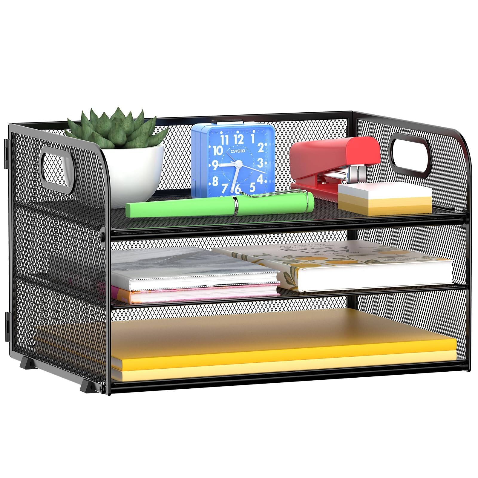 3 Tier Paper Letter Organizer Tray for Desk Mesh Desk File Organizer with Han...-image
