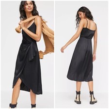 Anthropologie Giverny Satin Faux Wrap Black Midi Slip Dress Size 6 Cocktail