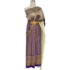 Thai Tradition dress with 3 pieces Front cloth bag with hook label purple color