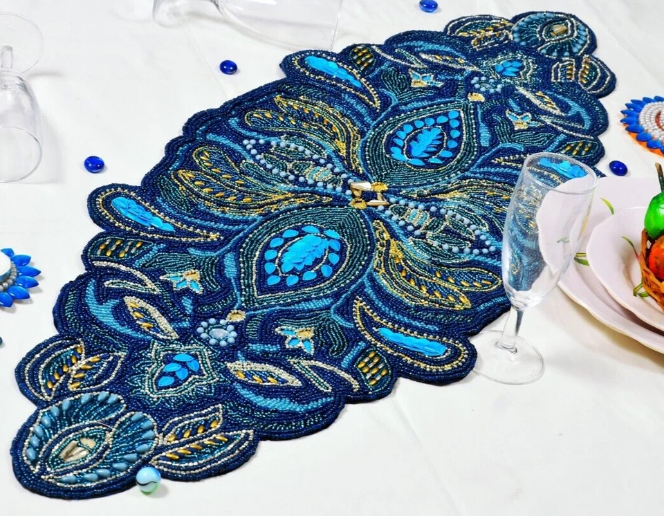 Designer Blue Table Runner Hand Beaded Table Runner Wedding Tableware 13X36 Inch - Image 4 of 4