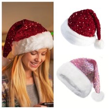 Sequin Christmas Hat Plush Santa Claus Hat with Long Fluffy Pompom Party Decor