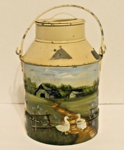 jug galvanized barn milk tall painted scene metal hand