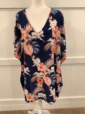 J Valdi Women s Size 1X Hawaiian Floral Caftan V Neck