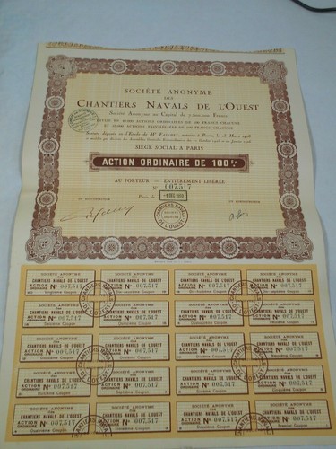 Vintage share certificate Stock Bonds actions Chantiers Navals De L'ouest 1930 - 第 1/3 張圖片