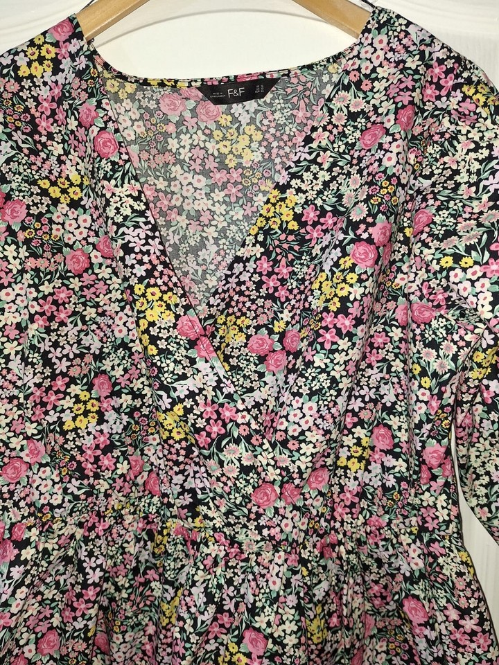 F&F Tesco Pink White Black Floral Ditsy Print Knee Dress Size 16 eBay