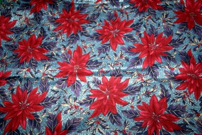 DEEP PINK POINSETTIA ON GLITTERY BLUE FROM HOFFMAN - 100% COTTON FABRIC