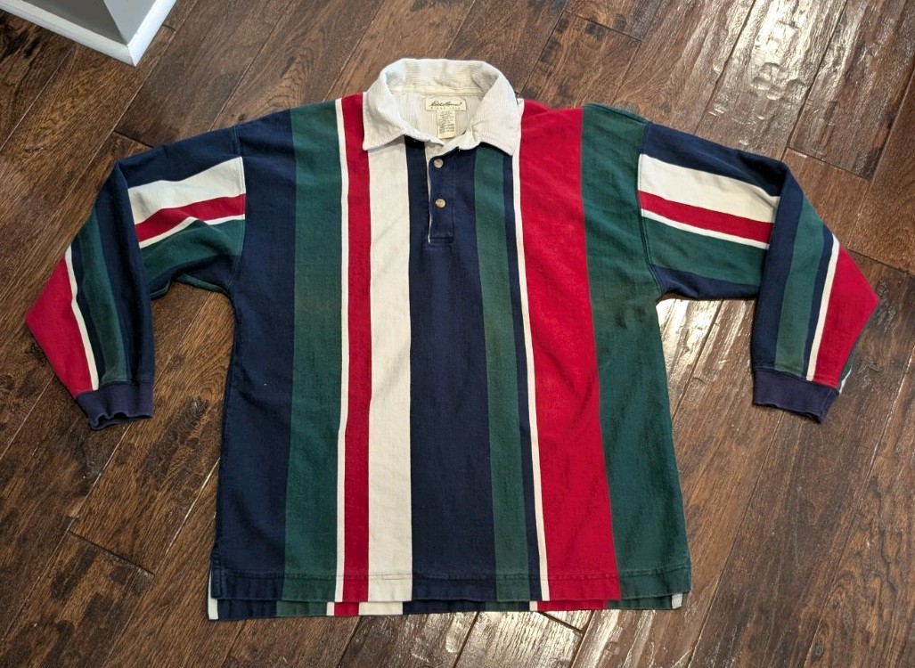 Vintage 90s Eddie Bauer Striped Rugby Long Sleeve Polo Corduroy Collar Size XL