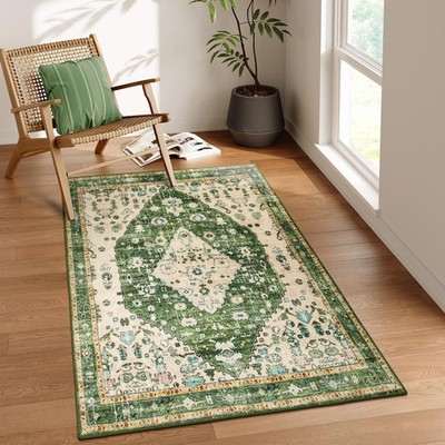 Lahome Boho Tribal Area Rug - 3x5 Vintage Green Rug for Bedroom, Soft Non Sli...