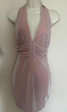" Privy Women’s Pink Shimmer Halter Mini Dress Plunge Neck Ruched -Size M