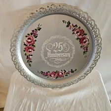 NASHCO Tole Galley Tray 25th Anniversary Hand-Painted Flowers Silver Toleware